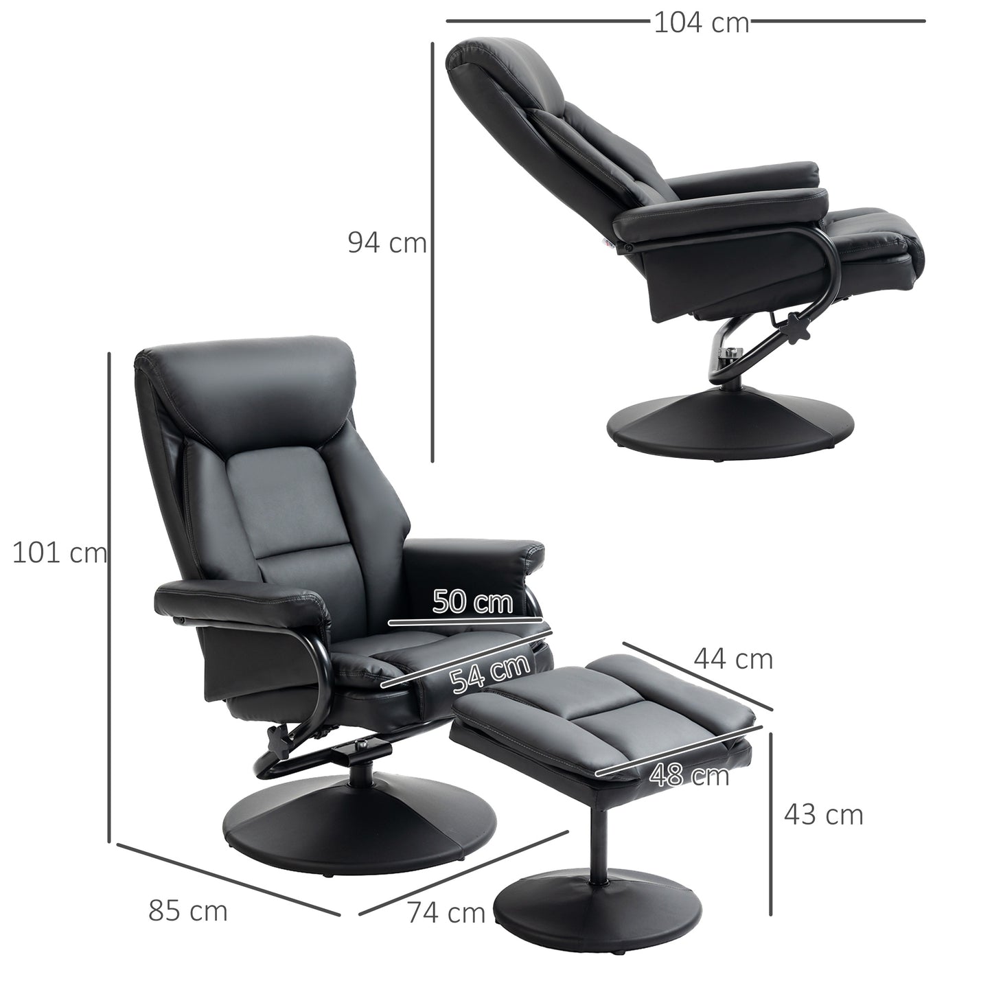 HOMCOM Swivel Recliner Chair With Ottoman In PU Leather With Steel Base For Living Room Bedroom Office Black