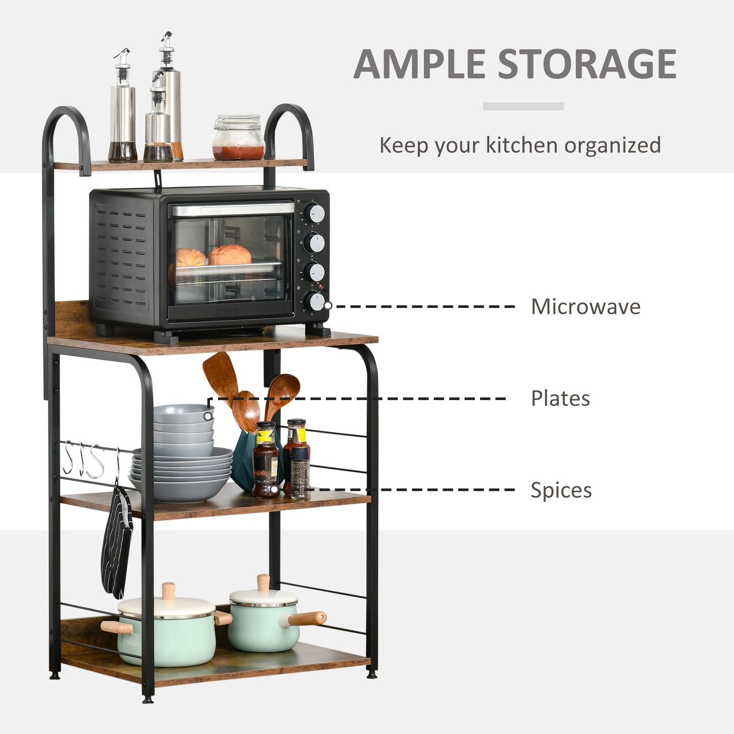 HOMCOM 4 Tier Baker Rack Microwave Stand With 4 Hooks Kitchen Storage Unit For Spices Pots And Pans Rustic Brown
