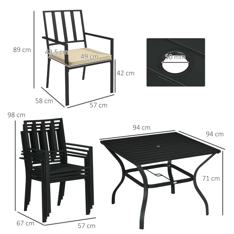 Outsunny 5-Piece Garden Dining Set with Cushions - Outdoor Table and 4 Stackable Chairs, Metal Top Table with Umbrella Hole, Black Finish - ALL4U RETAILER LTD