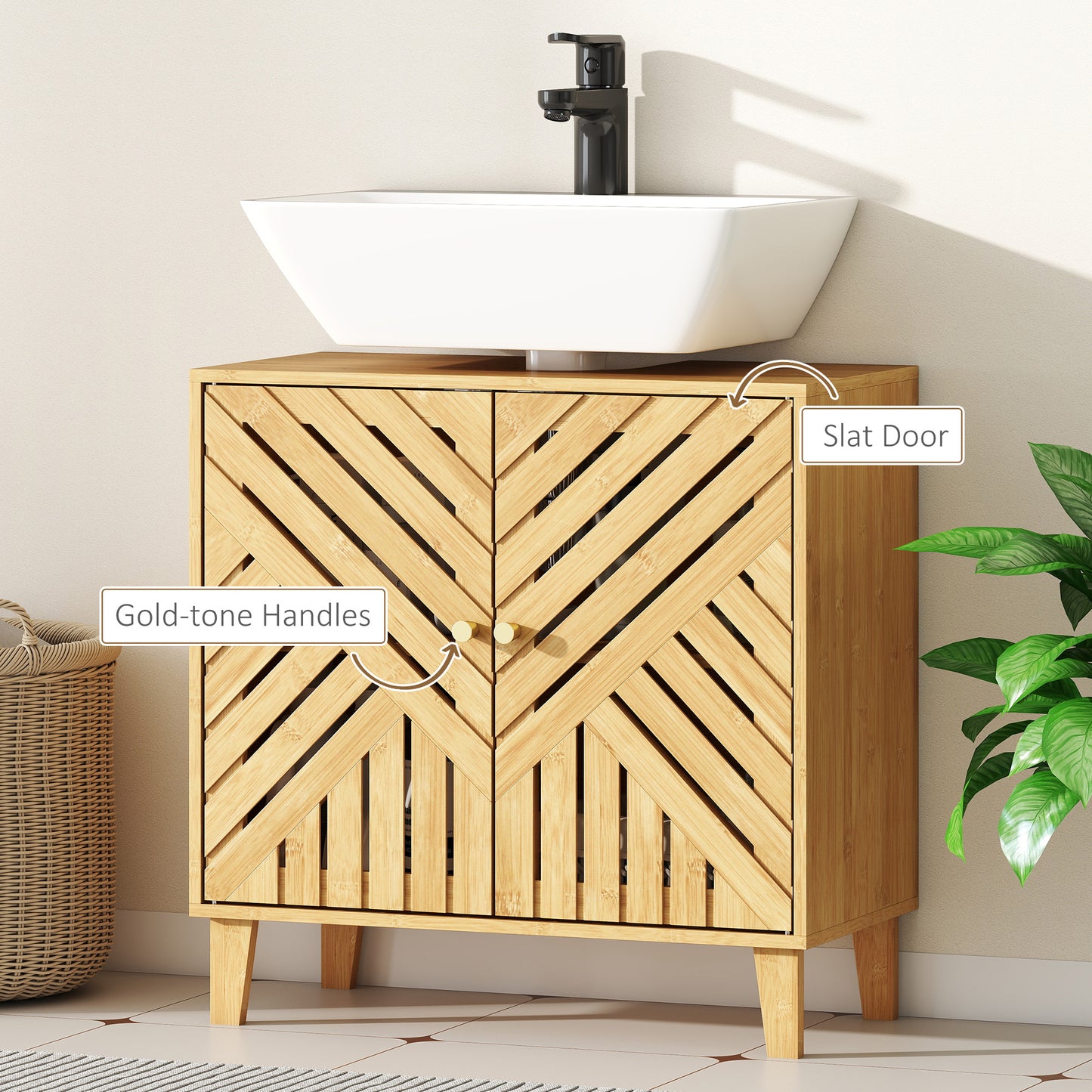 HOMCOM Bamboo Bathroom Under Sink Cabinet With Adjustable Shelf For Basin Without Pedestal Natural