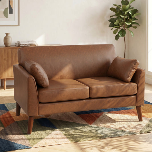 HOMCOM 2 Seater Sofa 132 Cm Modern Small Sofa With Solid Wood Legs And 2 Pillows For Small Space Brown