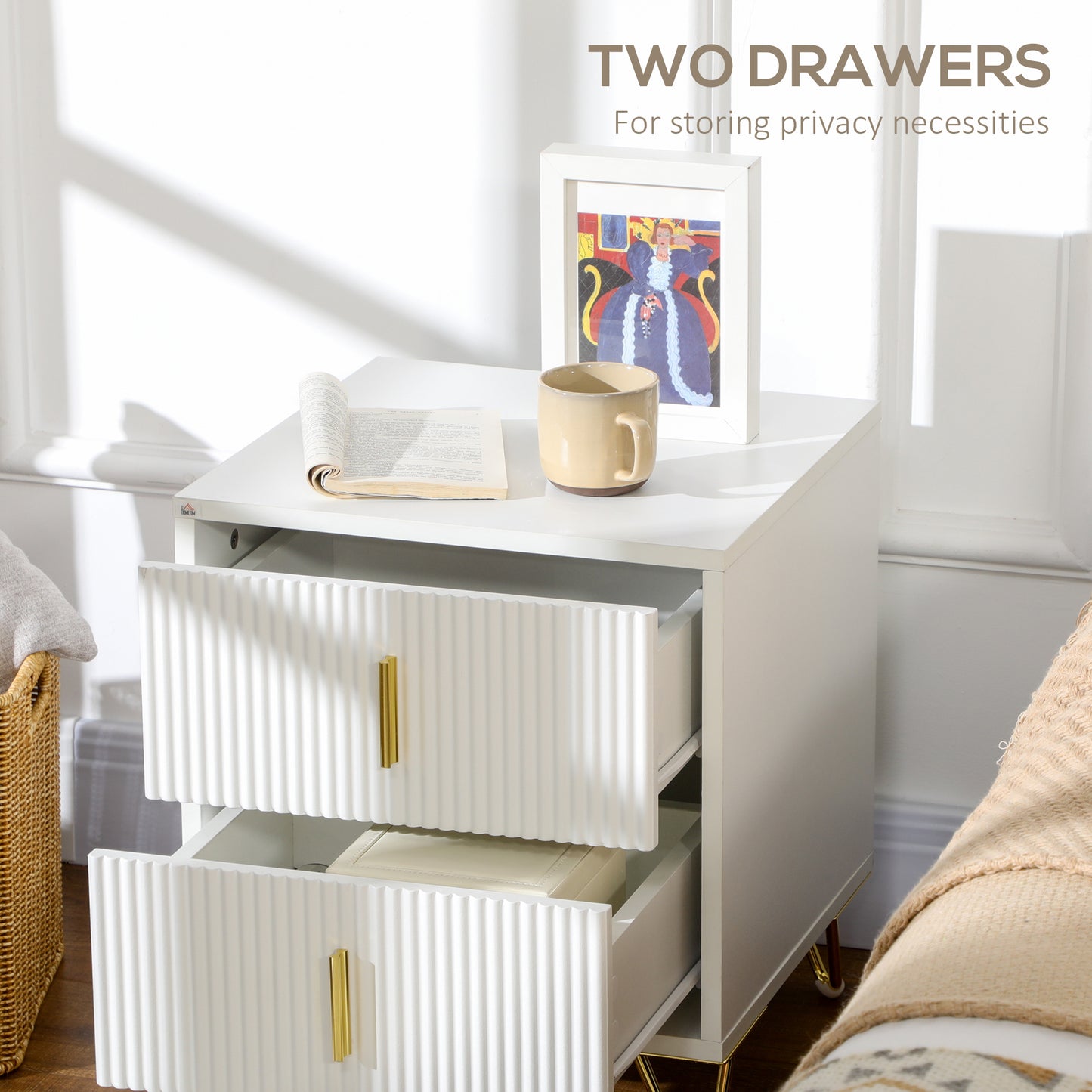 HOMCOM Set of 2 Two-Drawer Dressers in White with Gold-Tone Handles Ridged Fronts and Hairpin Legs