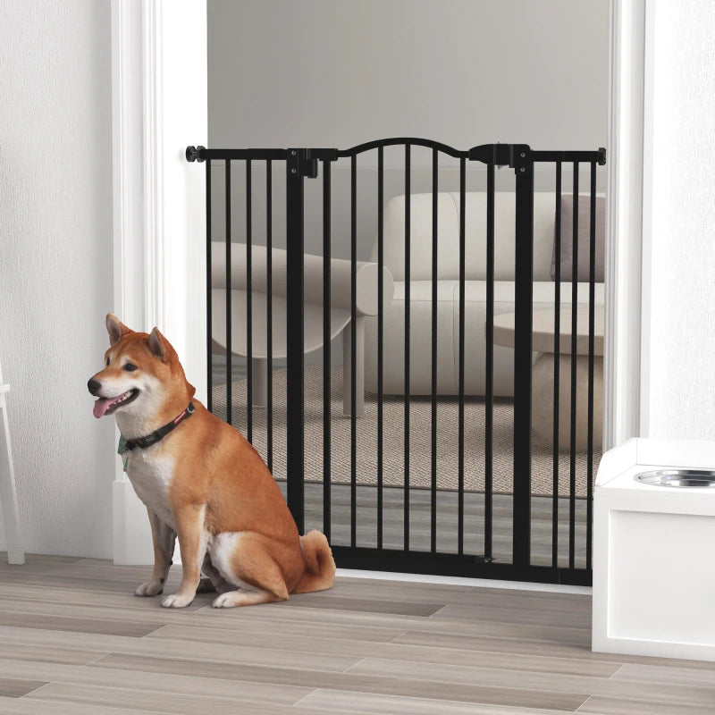 PawHut 74-100cm Adjustable Metal Pet Gate Safety Barrier with Auto-Close Door - Black - ALL4U RETAILER LTD