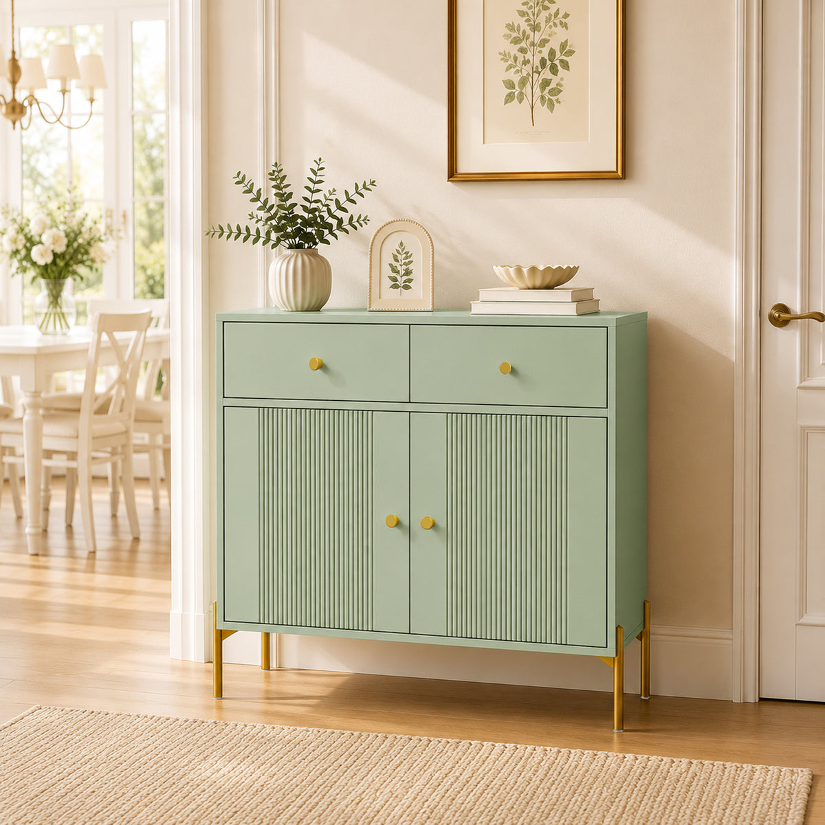 HOMCOM Light Green Sideboard Cabinet With 2 Drawers And Adjustable Shelves