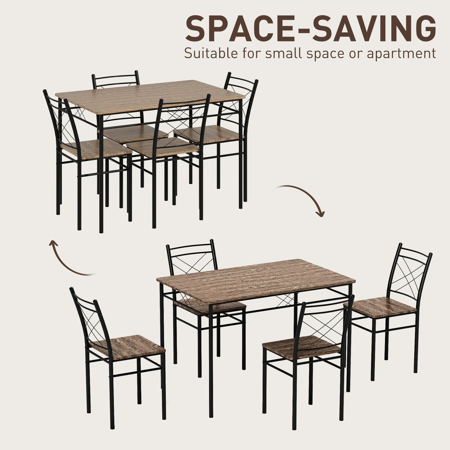 HOMCOM Five-Piece Minimal Dining Set With Black Metal Frames And Oak-Effect Table And Chairs