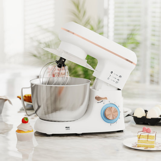 HOMCOM 1300W Stand Mixer With Accessories White 4.5L Stainless Steel Bowl Whisk Dough Hook Beater