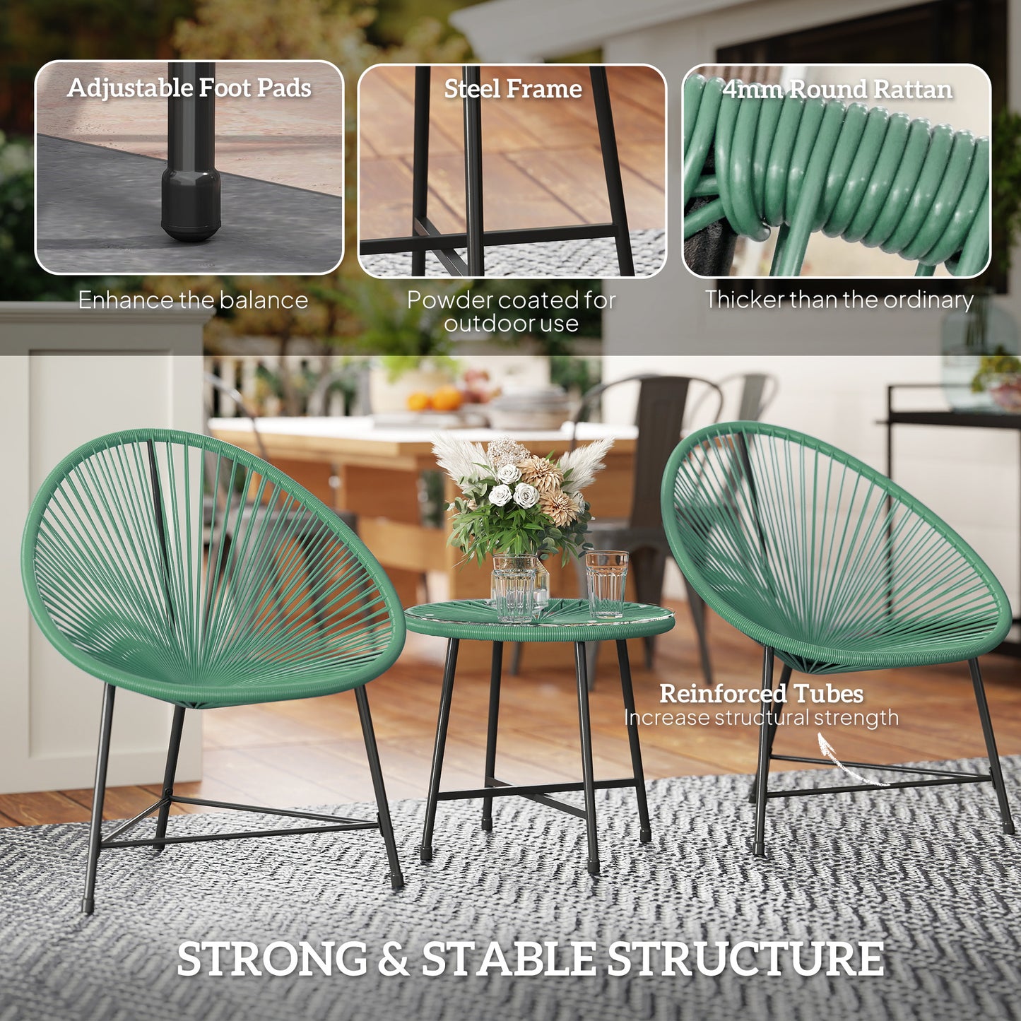 Outsunny Rattan Bistro Set with Acapulco Chairs and Glass Table in Green for Outdoor Patio Garden