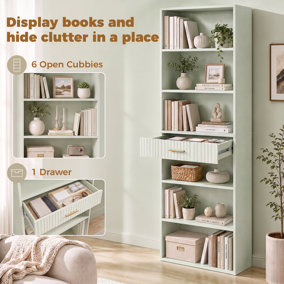 HOMCOM Narrow Tall 7 Tier Bookshelf With Drawer Open Shelves Light Green