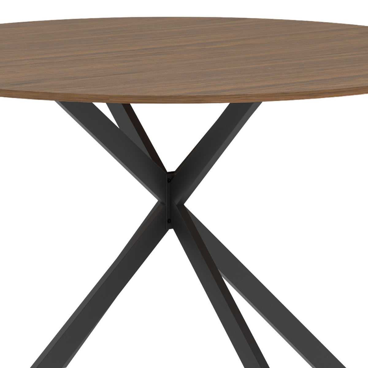 Round dining table with brown wood-effect top and close-up of black X steel legs.