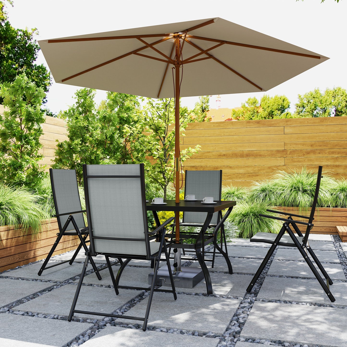 Outsunny Five Piece Steel Frame Patio Dining Set With Square Table And Folding Chairs Grey And Black
