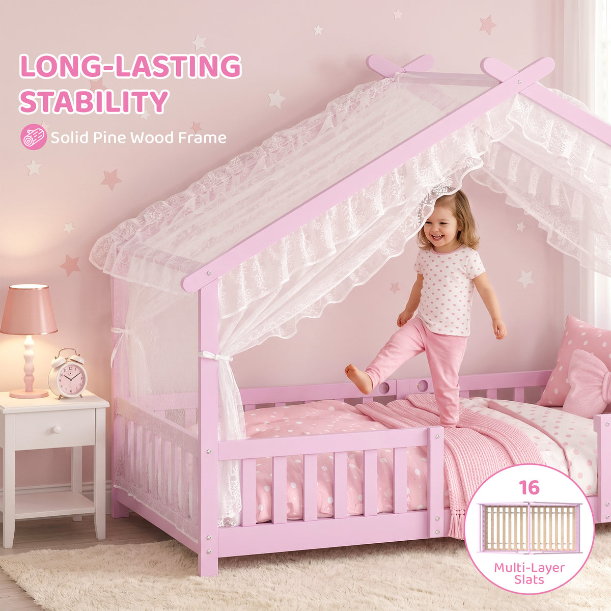 AIYAPLAY Pink Solid Pine House Bed Frame for Kids with Dual Guardrails