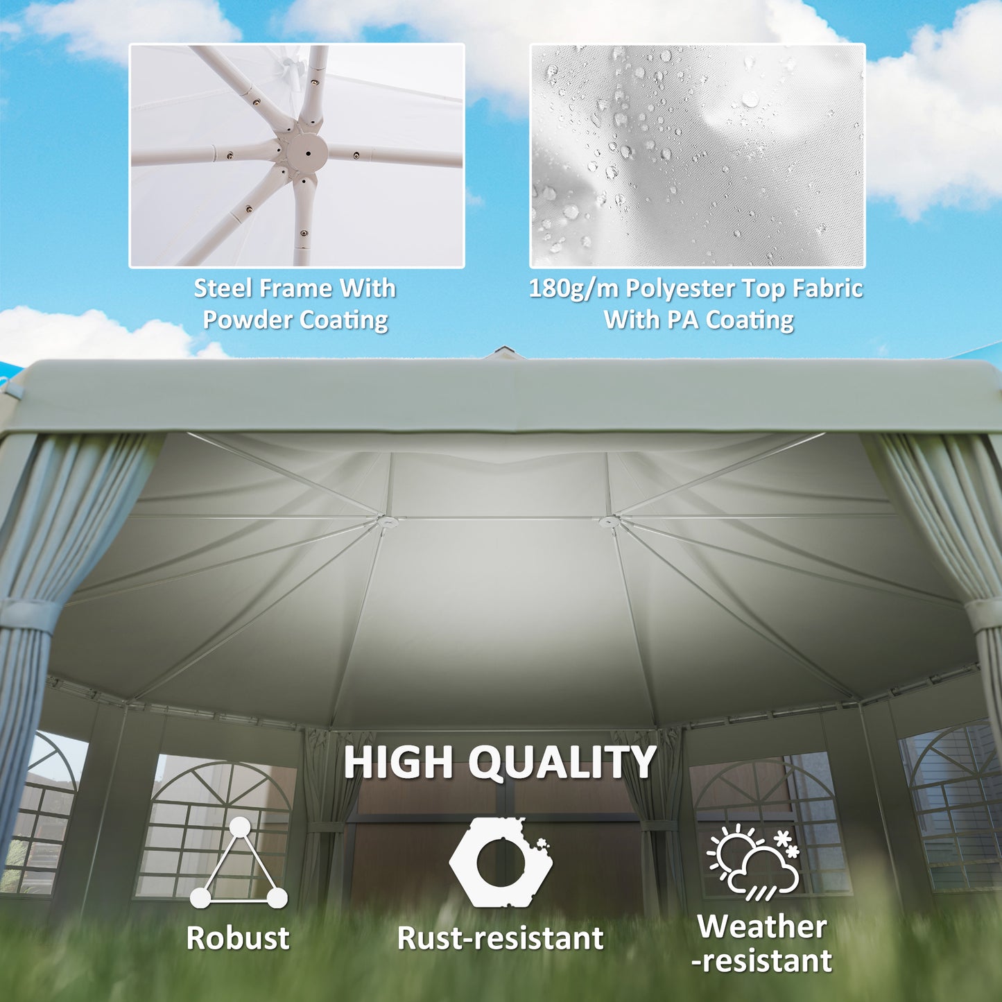 Outsunny 10 Sided Decagonal Garden Gazebo Marquee Party Tent Canopy With Durable Metal Frame 8.9m x 6.5m White