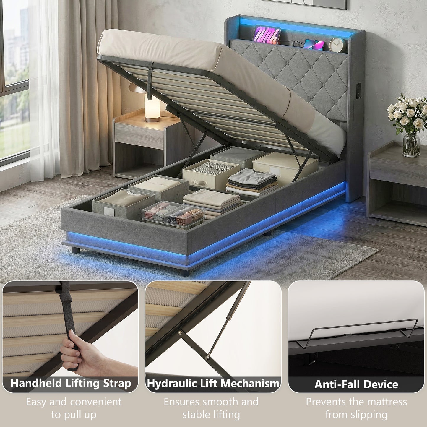 HOMCOM 3ft Single Bed Frame With Headboard And Hydraulic Storage RGB LED Lights And Charging Station Grey