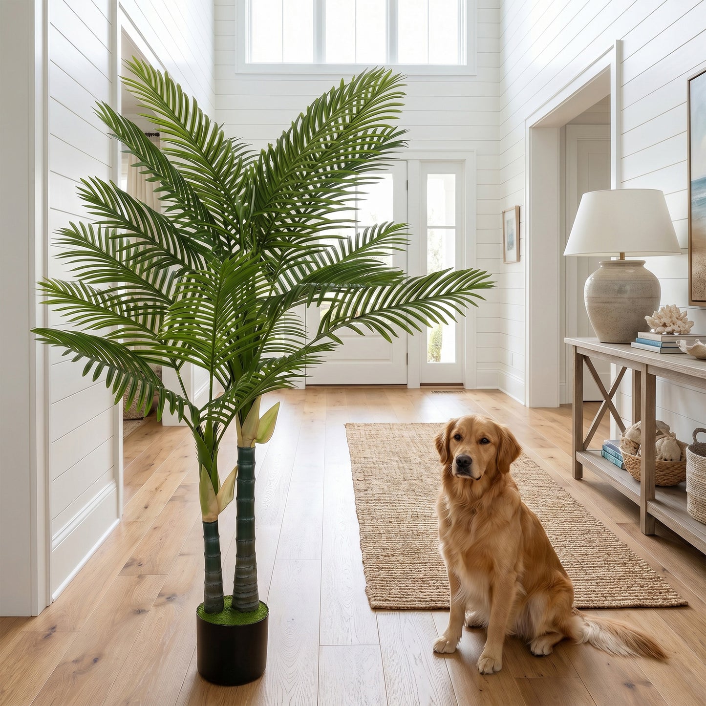 HOMCOM 150cm Artificial Palm Tree With 16 PEVA Leaves, Potted Faux Plant With Moss Base For Living Room Decor Green