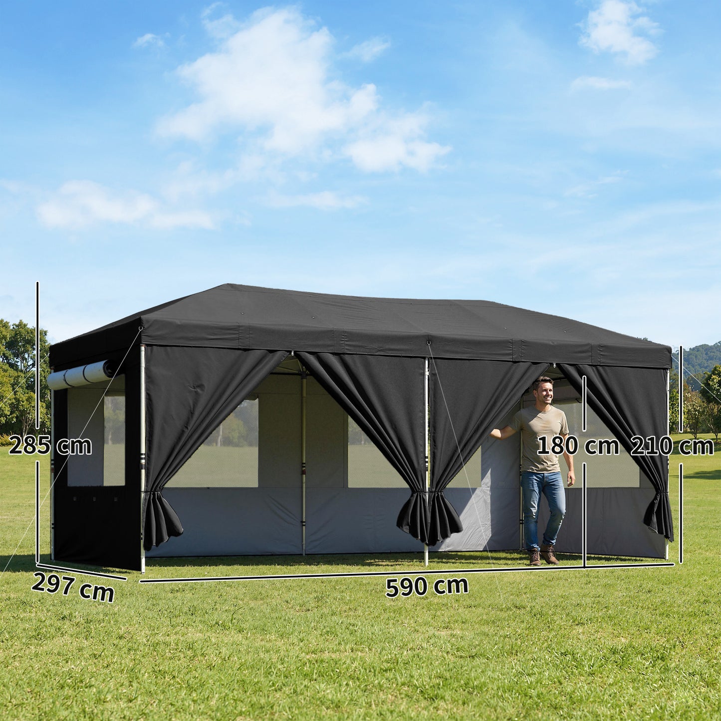 Outsunny 3x6m Pop Up Canopy Gazebo With UV50 Plus Protection Garden Shelter With 6 Removable Sidewalls Black