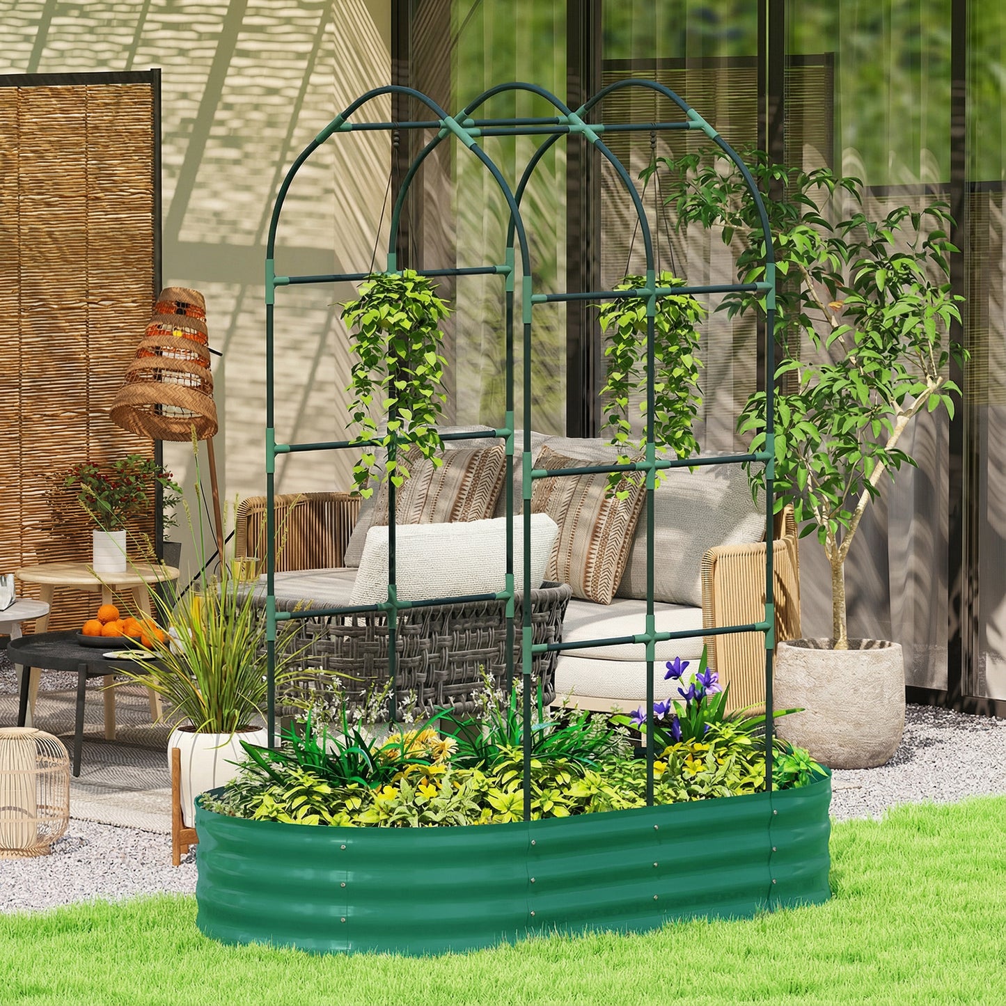 Outsunny Galvanised Raised Garden Bed With Arched Trellis 5x3x6 Ft Open Bottom Metal Garden Bed Green