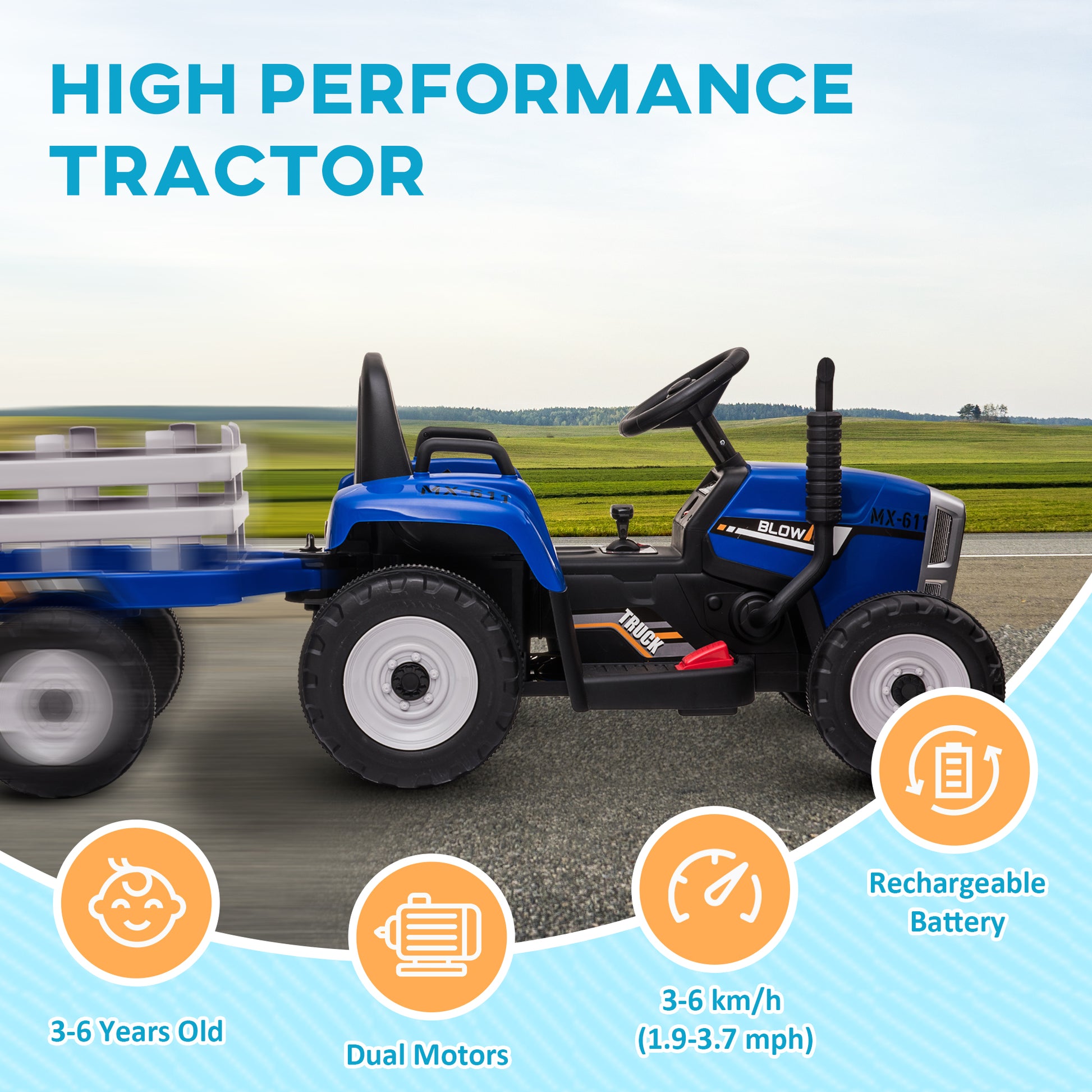 HOMCOM Electric Ride on Tractor with Detachable Trailer 12V Kids Battery Powered Electric Car with Remote Control Music Start up Sound Blue - ALL4U RETAILER LTD