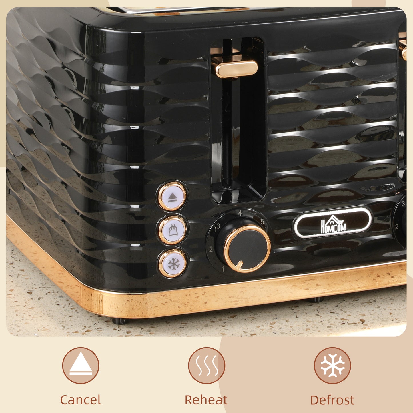 HOMCOM Four Slice Rippled Toaster Black With Seven Toasting Levels And Automatic Centering For Even Toasting