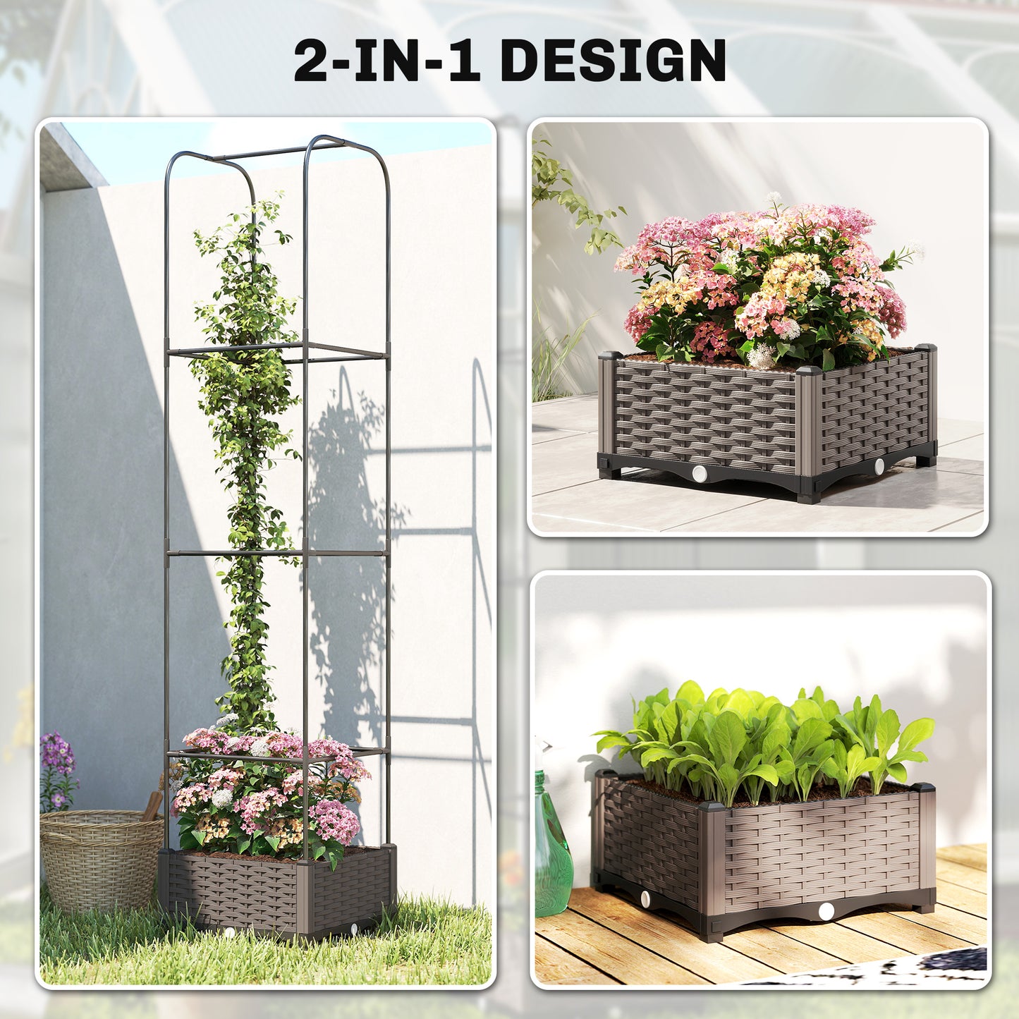 Outsunny Raised Garden Bed With Trellis Plastic Planter Box With Drainage Holes And Water Reservoirs
