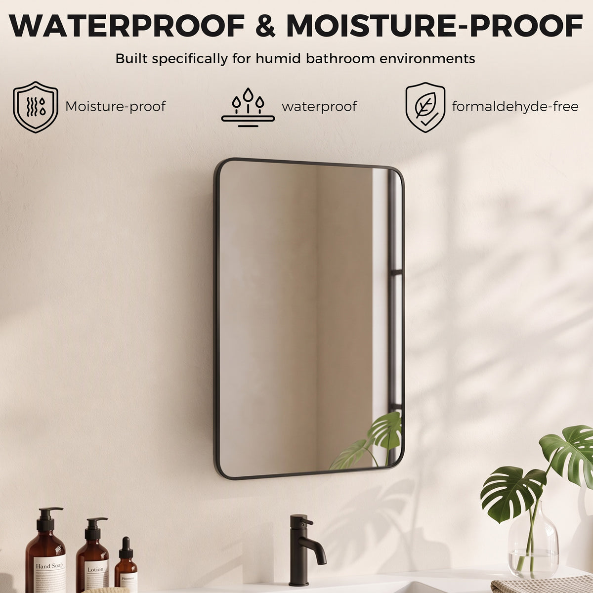Black-framed bathroom mirror cabinet with moisture-resistant design for humid rooms