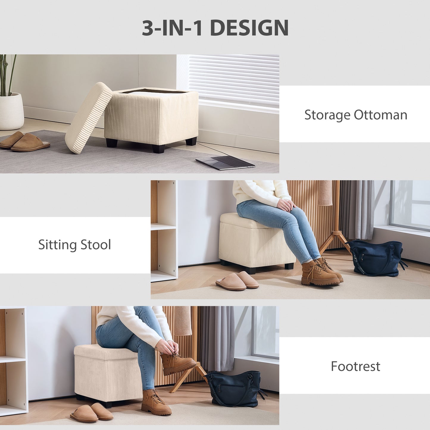 HOMCOM Corduroy Storage Ottoman Bench With Wooden Legs 30L Chest Box 40cm Bed End Bench For Living Room Entryway Beige