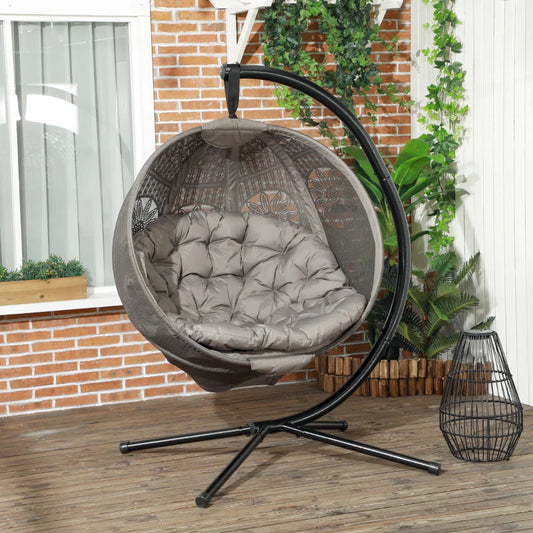 Outsunny Hanging Swing Chair w/ Metal Stand & Side Pocket, Sand