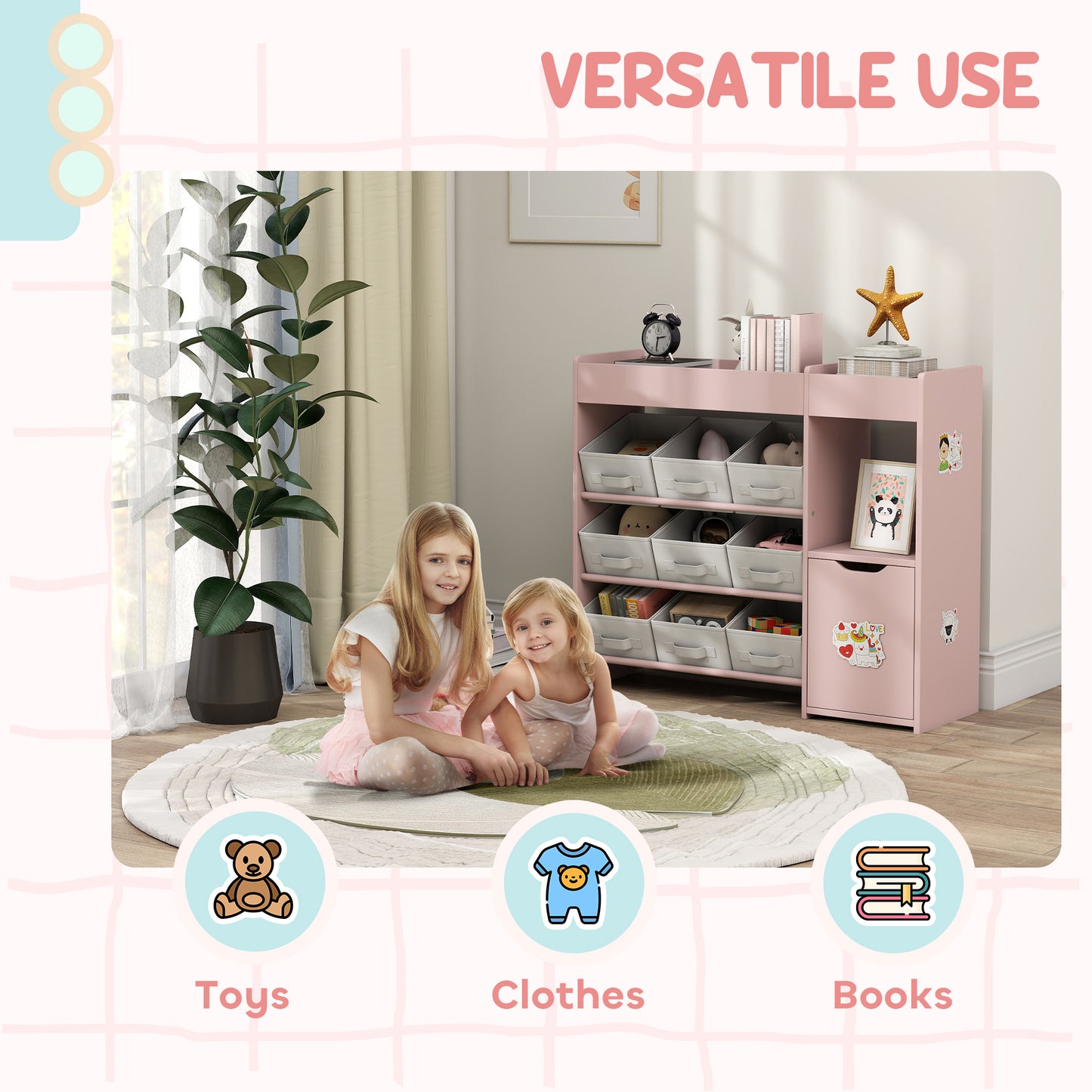 AIYAPLAY Kids Toy Storage With 9 Removable Fabric Bins Wooden Storage Unit For Toys And Books Pink Nursery Bedroom