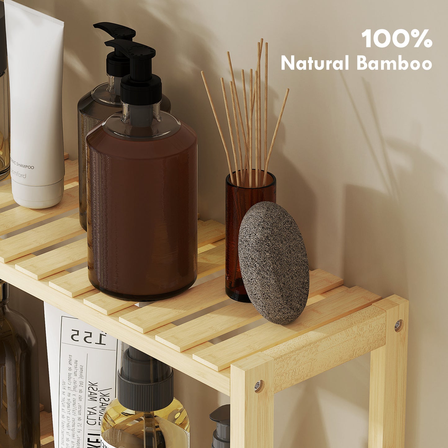 HOMCOM Three Tier Bamboo Bathroom Rack Natural Finish With Moisture Resistant Build And Five Position Shelves