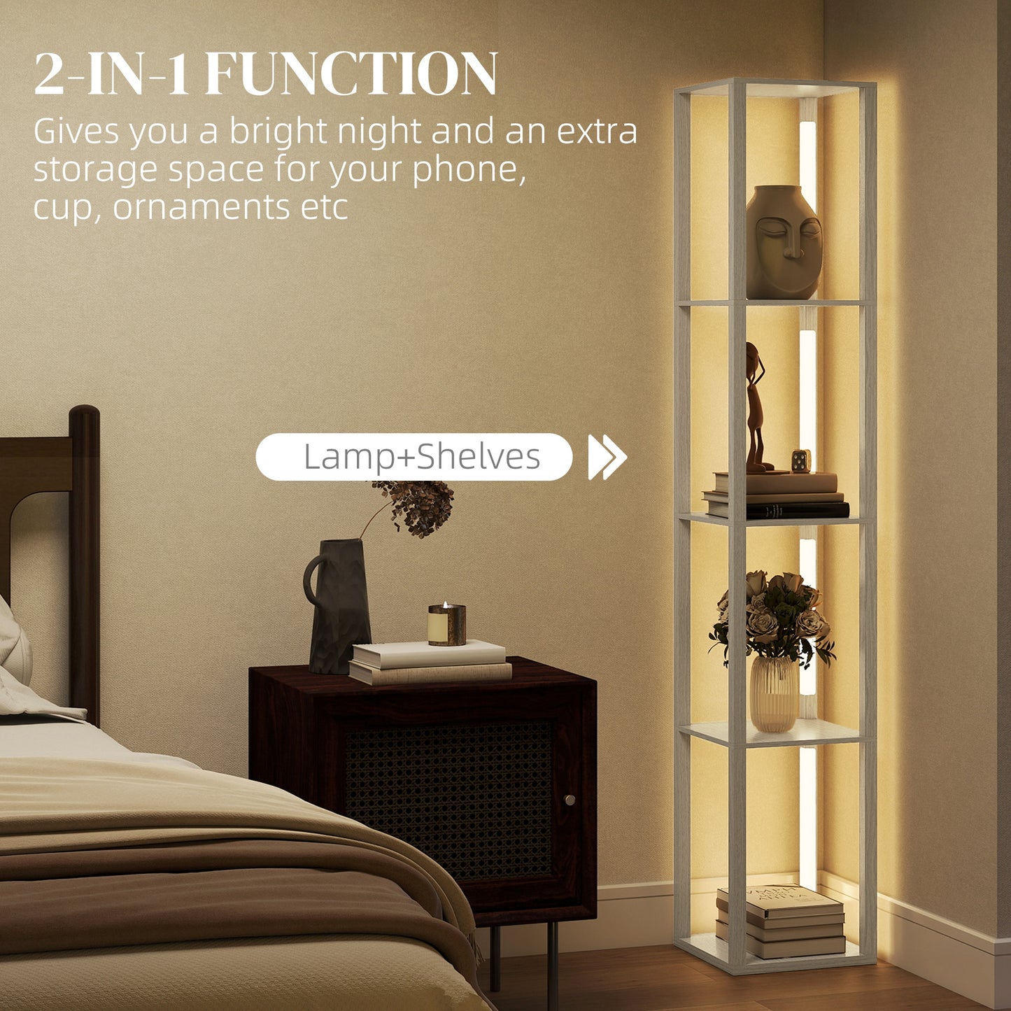 HOMCOM Oak Floor Lamp With Shelves And Three Brightness Levels For Living Room Ambiance