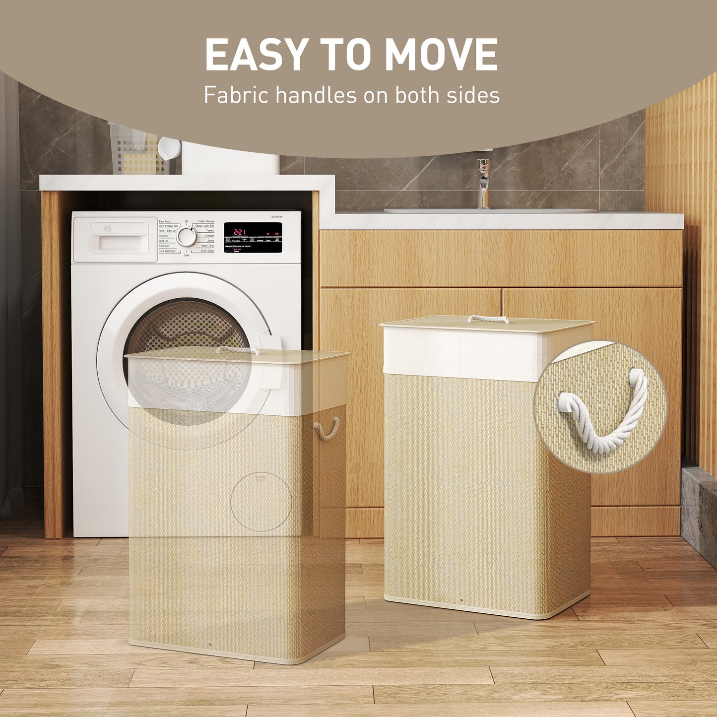 HOMCOM Bamboo Laundry Basket With Lid 72L Laundry Hamper Rope Handles Removable Liner Bag Bathroom Bedroom Nature Wood