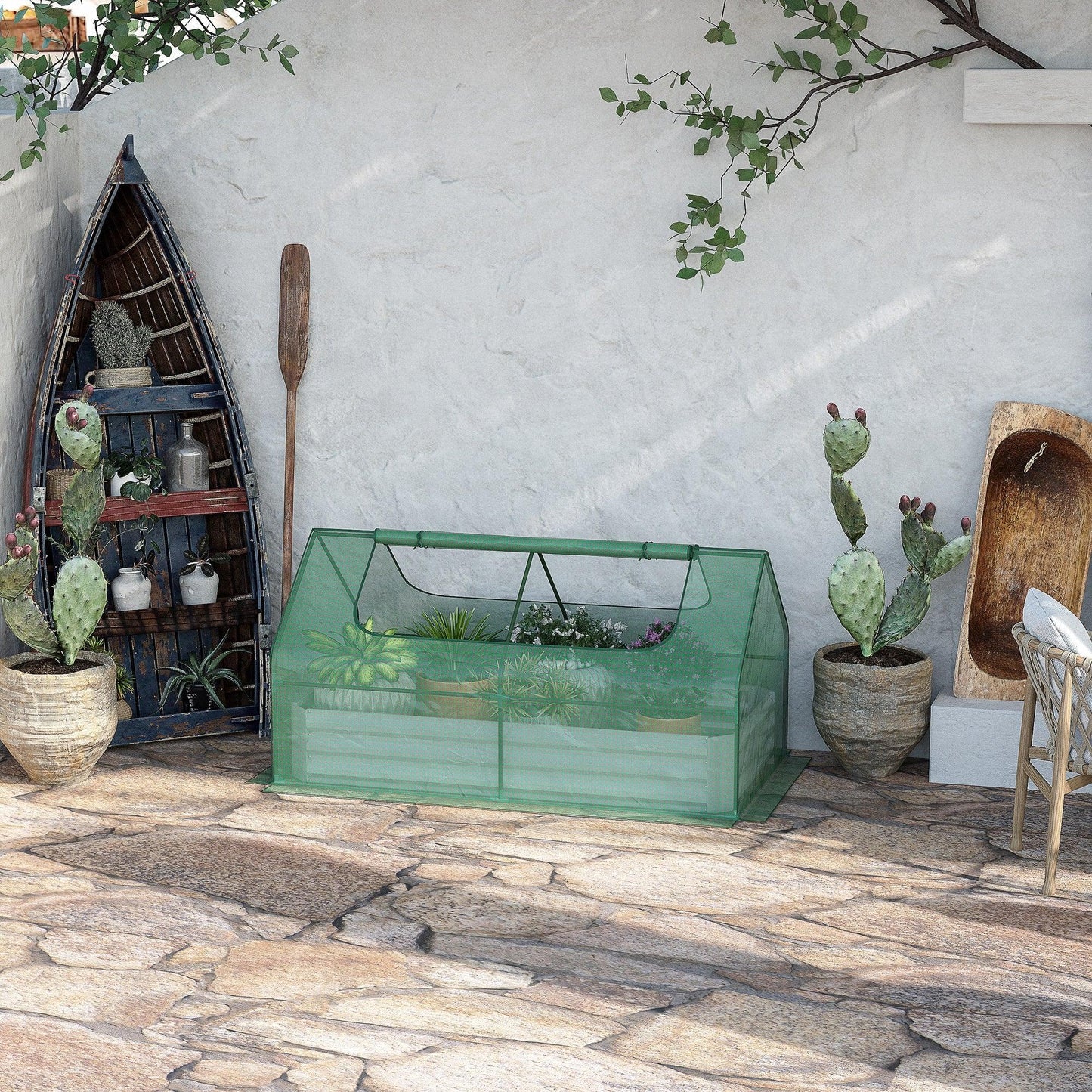 Outsunny Raised Garden Bed Planter Box with Greenhouse, Large Window, Green - ALL4U RETAILER LTD