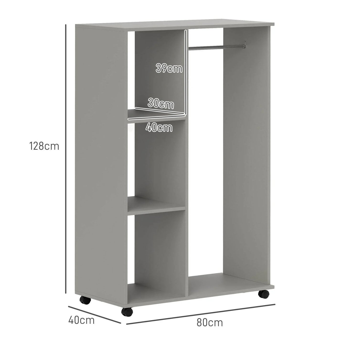Mobile Grey Open Wardrobe with Clothes Rail and Shelves - Versatile Garment Rack on Wheels for Bedroom and Hallway - ALL4U RETAILER LTD