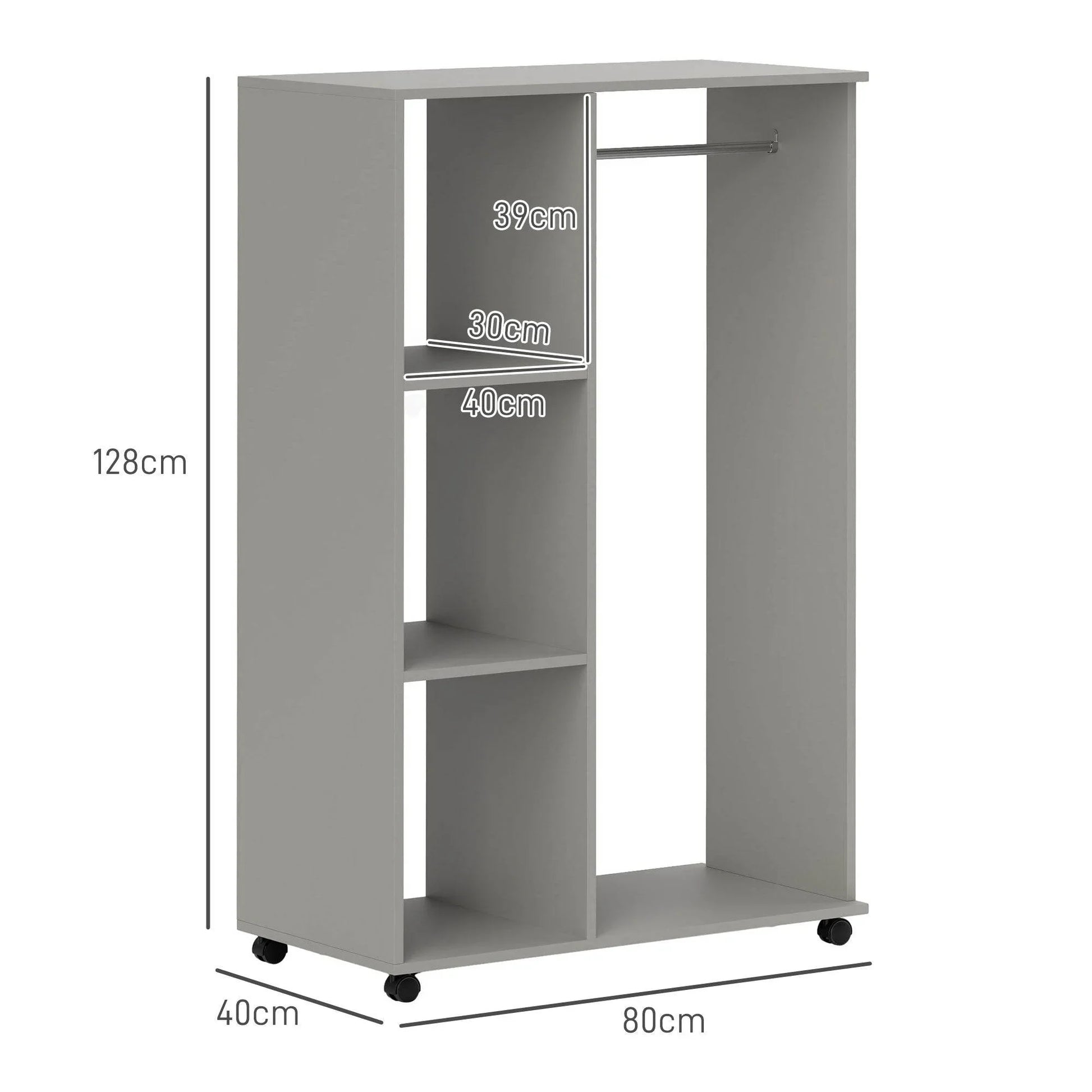 Mobile Grey Open Wardrobe with Clothes Rail and Shelves - Versatile Garment Rack on Wheels for Bedroom and Hallway - ALL4U RETAILER LTD