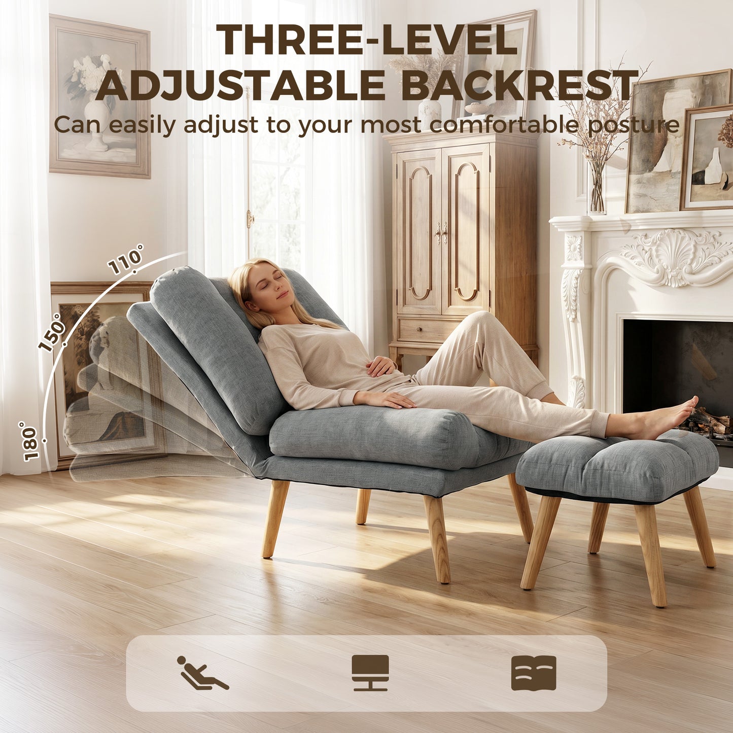 HOMCOM Recliner Chair With Footstool Adjustable Backrest Thick Cushion And Wooden Legs Grey