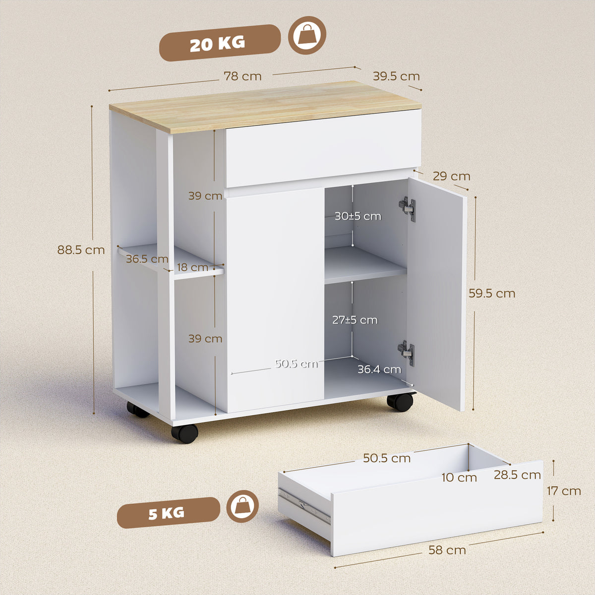 HOMCOM Rolling Kitchen Trolley Cart with Cabinet Drawer and Shelves White