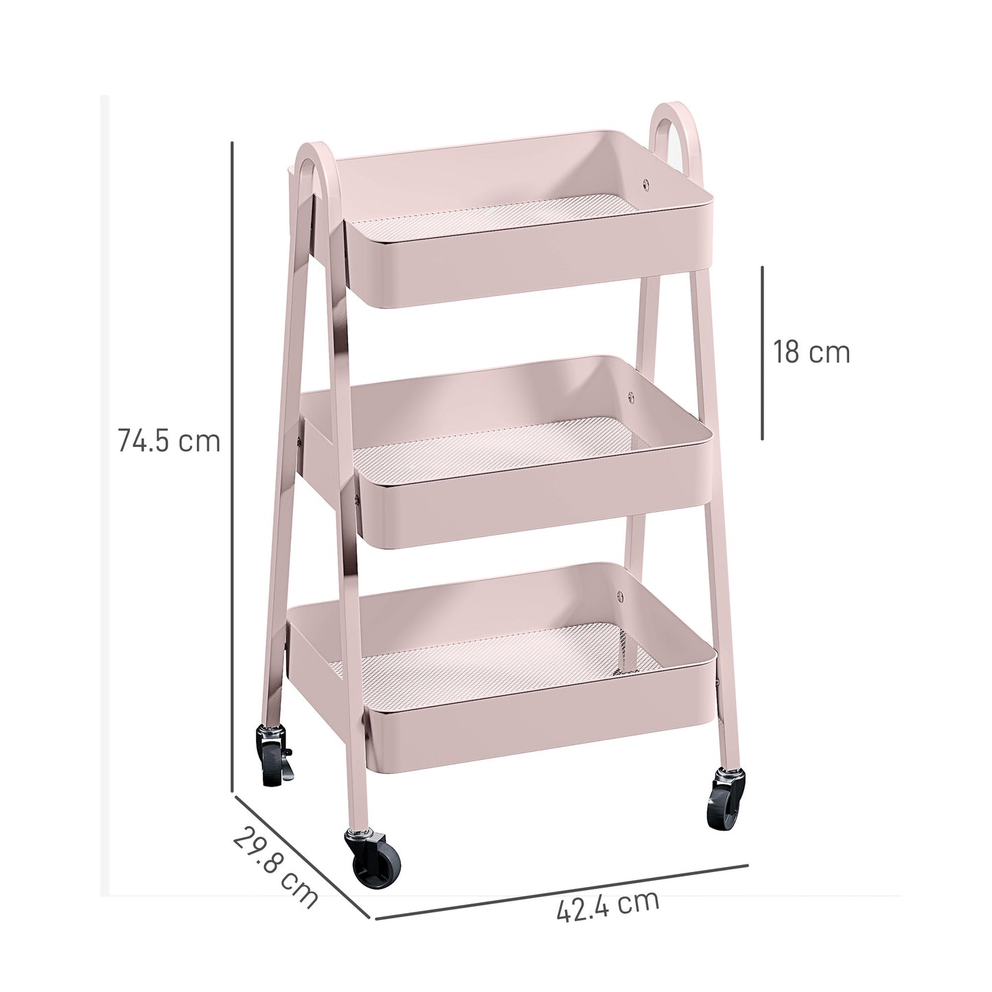 HOMCOM Three Tier Storage Trolley On Wheels Pink with Four Casters and Two Brakes