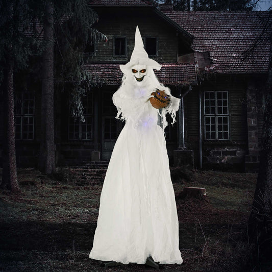 HOMCOM Life-Size Motion-Activated White Witch with Pumpkin Head - Scary Halloween Skeleton Prop with Glowing Eyes - ALL4U RETAILER LTD