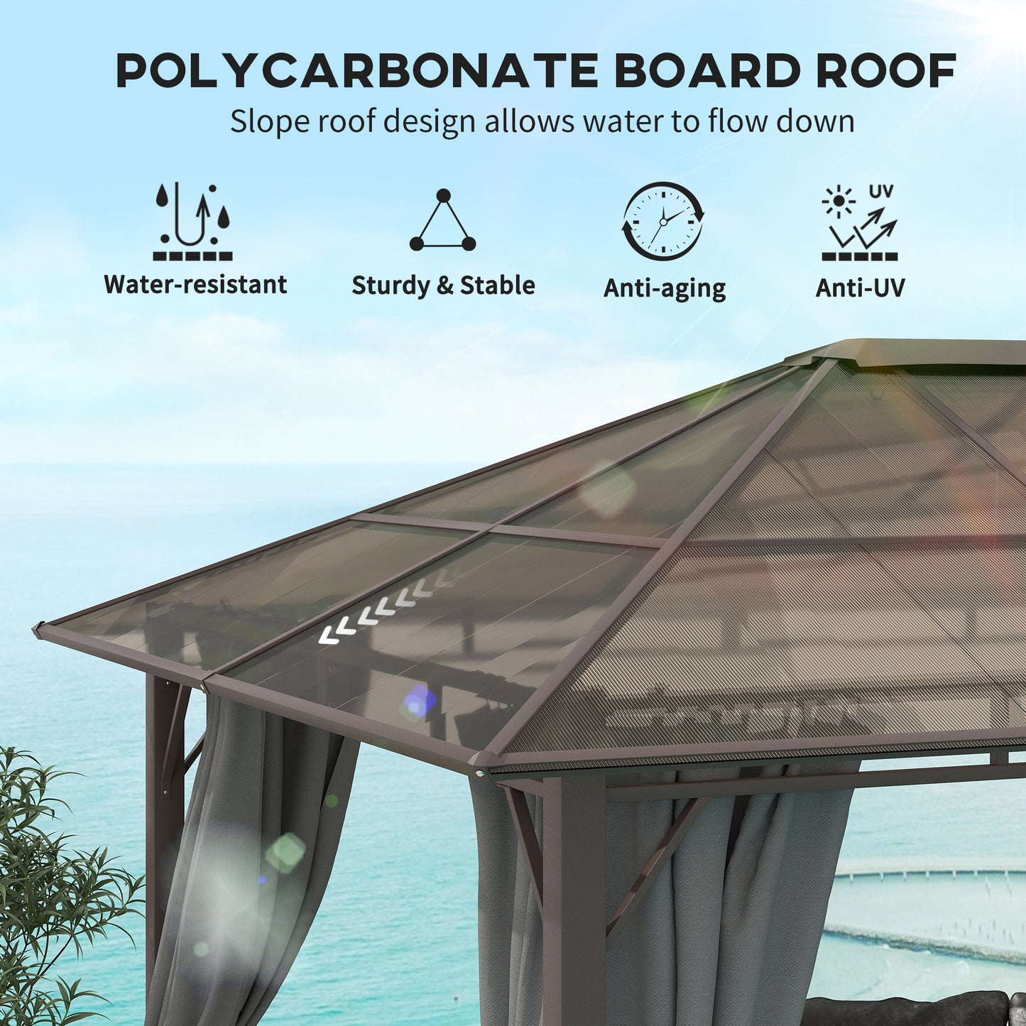 Outsunny 3x3.6m Hardtop Gazebo With Polycarbonate Roof Garden Pavilion Removable Curtains Steel Frame Dark Grey