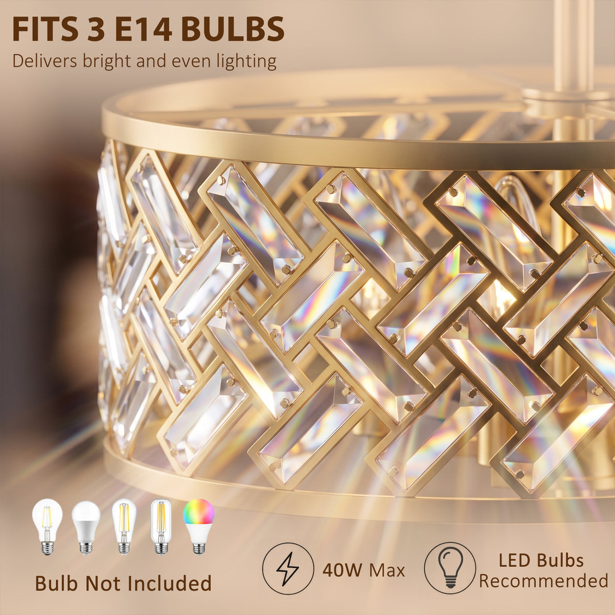 HOMCOM 3 Light Crystal Glass Ceiling Light with Gold Tone E14 Sockets