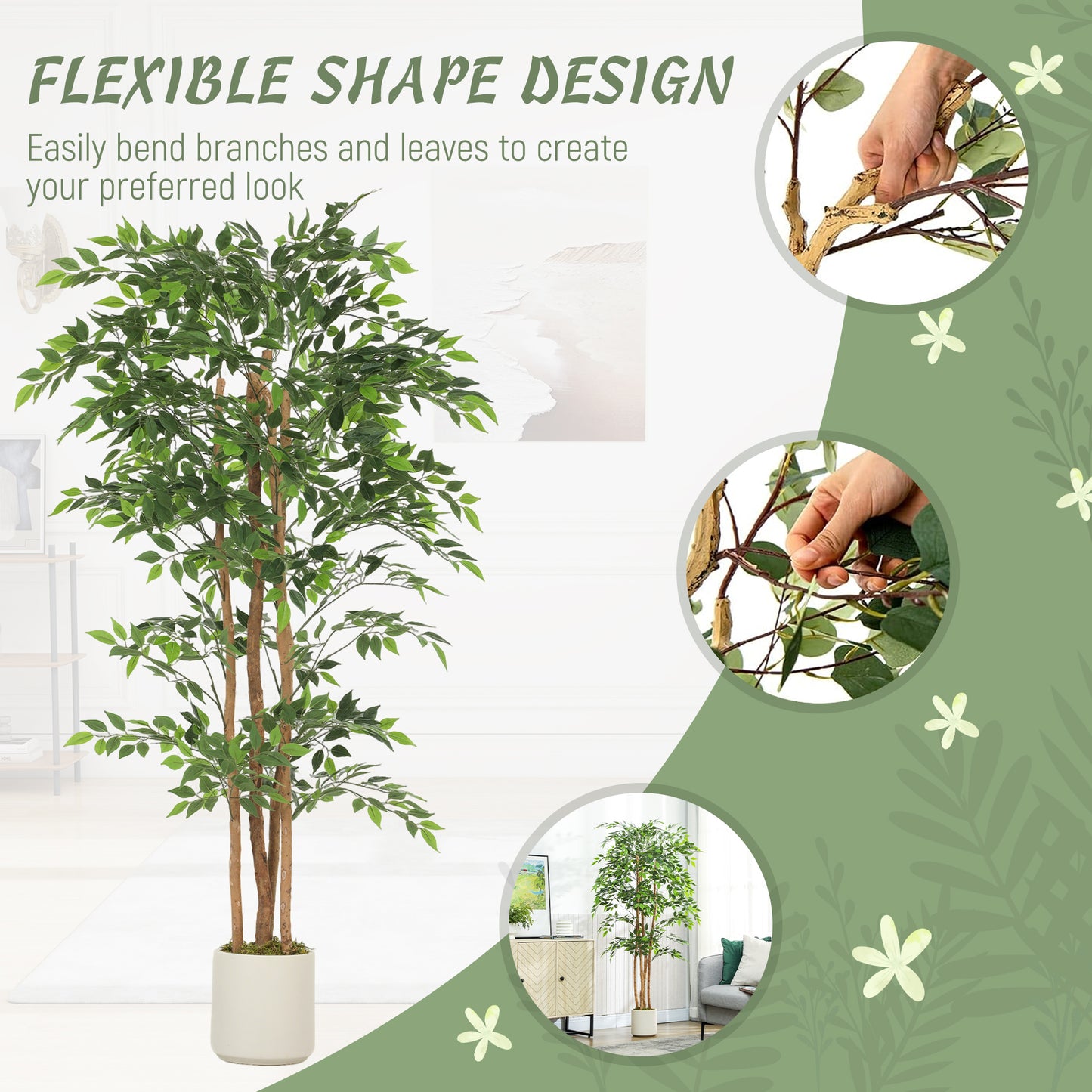 HOMCOM 180cm Artificial Ficus Tree With Solid Wood Trunk In White Pot For Indoor Decor Real Touch Leaves