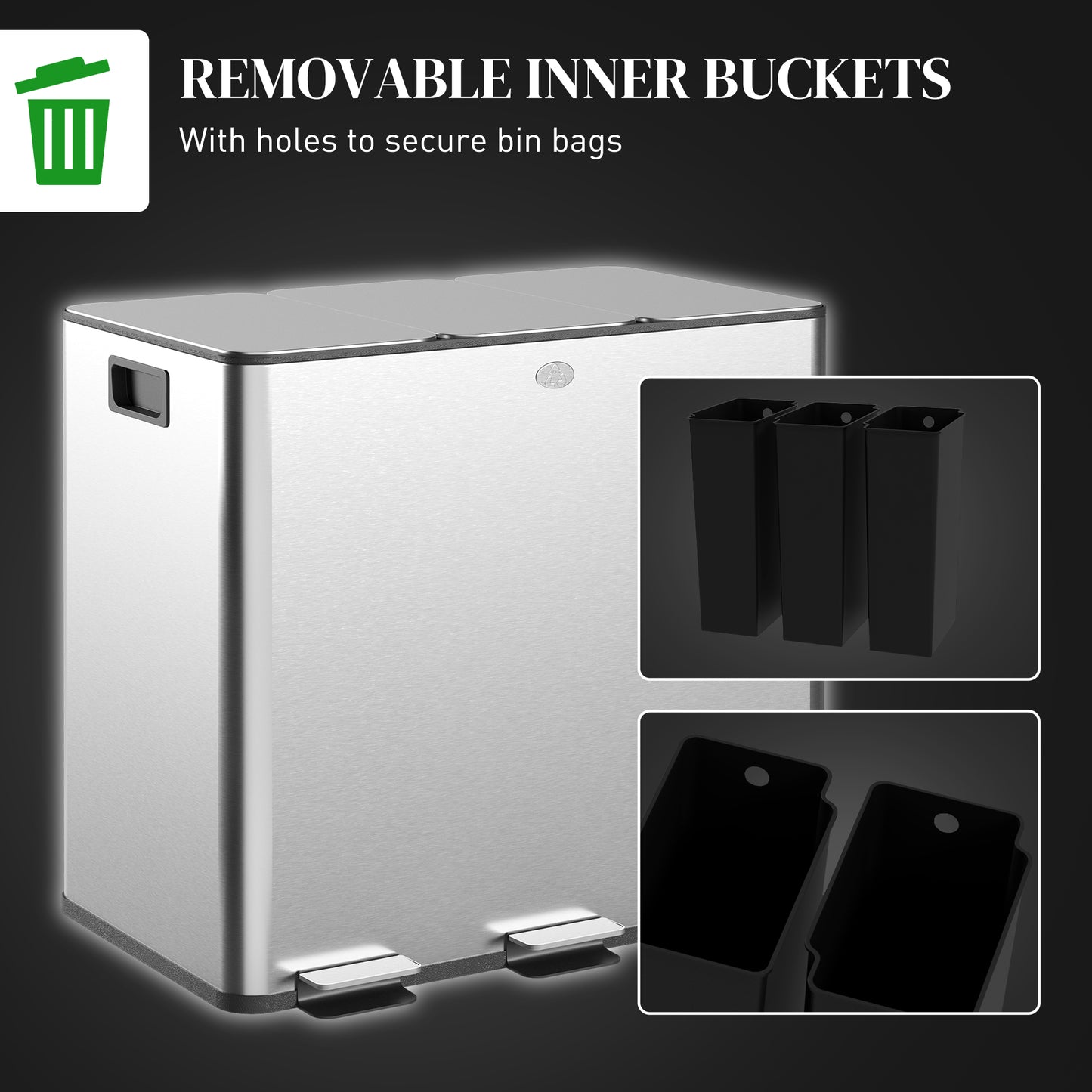 HOMCOM 3 X 15L Pedal Bin Stainless Steel Triple Kitchen Bin With Soft Close Lid And Removable Inner Buckets