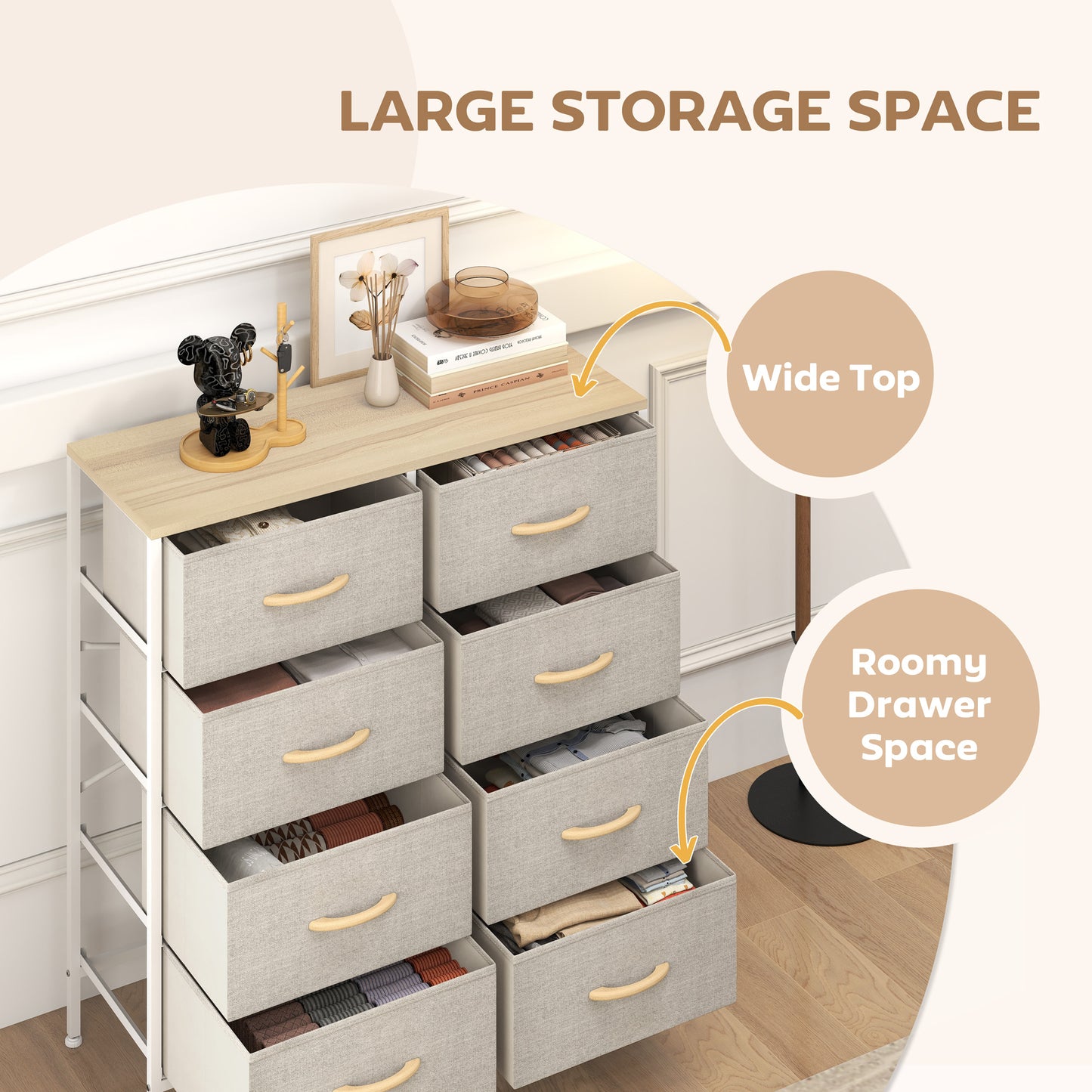HOMCOM Fabric Chest Of Drawers With 8 Fabric Drawers Steel Frame Maple Wood Top Dresser For Nursery Living Room Hallway