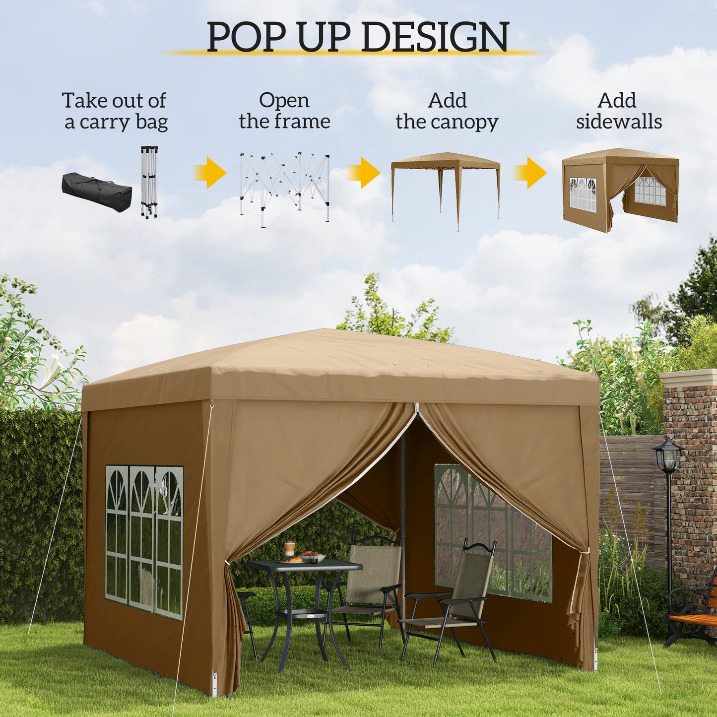 Outsunny 3x3m Pop Up Gazebo Khaki With Removable Walls Weather Resistant Canopy For Outdoor Events