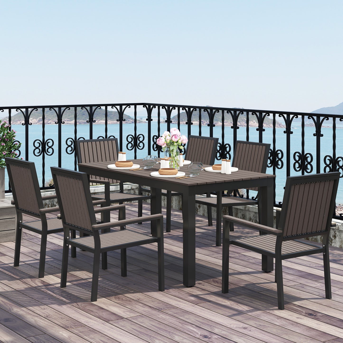 Outsunny 6 Seater Outdoor Garden Dining Set With Stackable Chairs Aluminium Frame Rectangular Plastic Top Brown