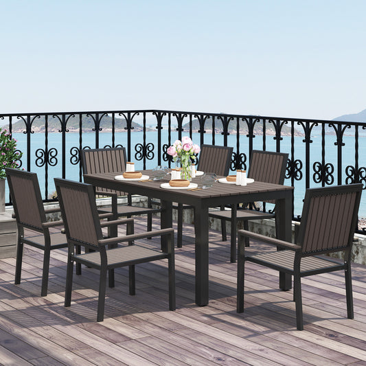 Outsunny 6 Seater Outdoor Garden Dining Set With Stackable Chairs Aluminium Frame Rectangular Plastic Top Brown