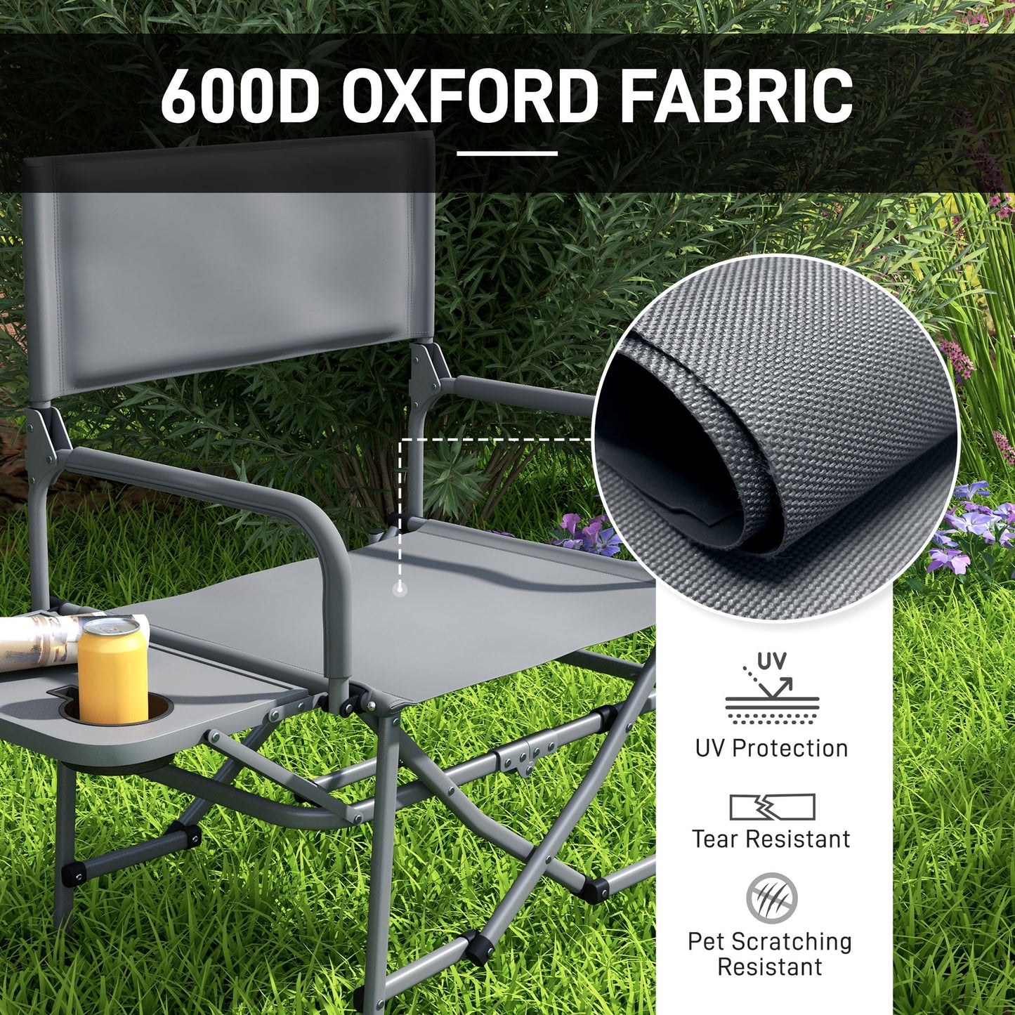 Outsunny Compact Grey Folding Camping Chair with Side Table and Cupholder - ALL4U RETAILER LTD