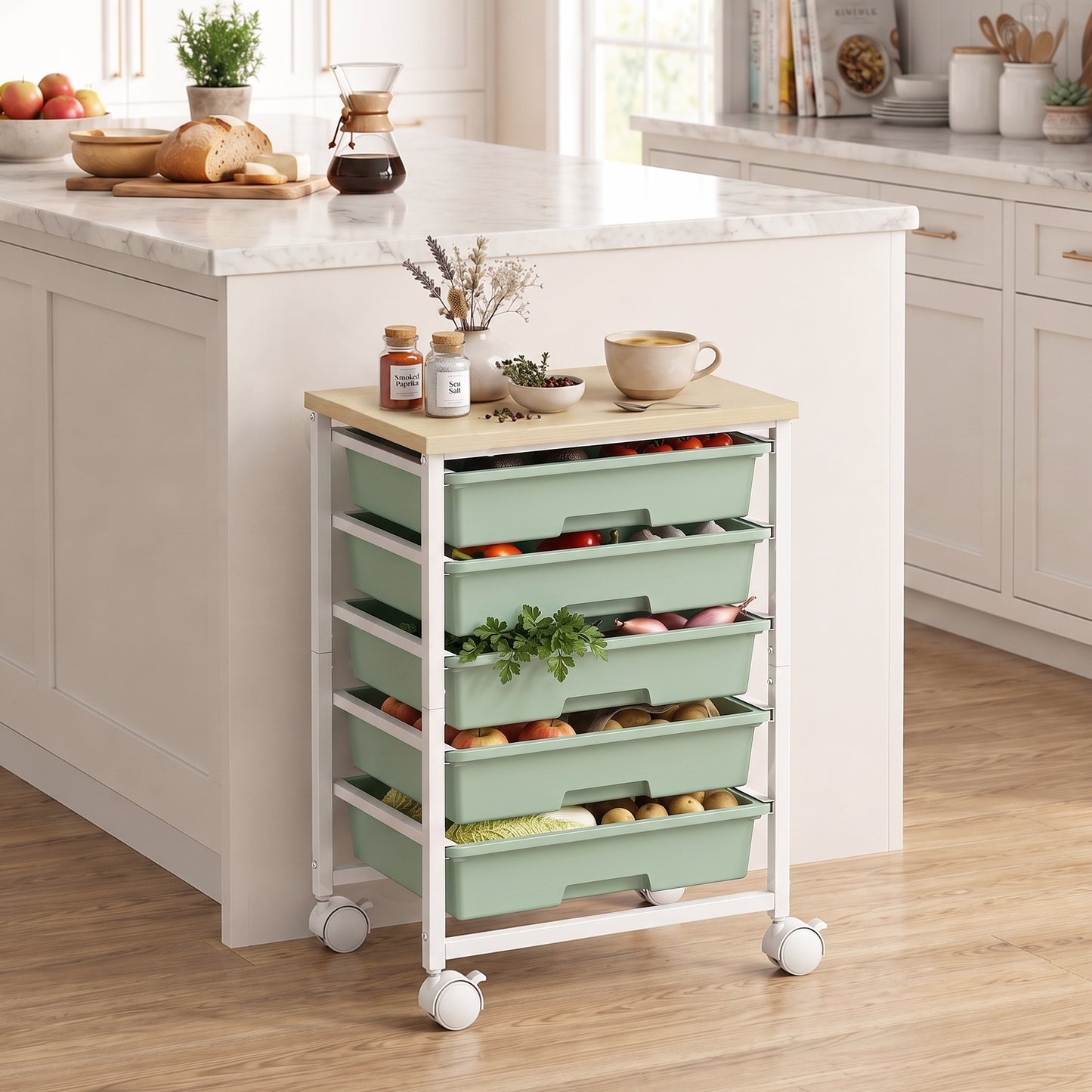 HOMCOM 6-Tier Kitchen Rolling Cart Green With 5 Drawers And Wheels