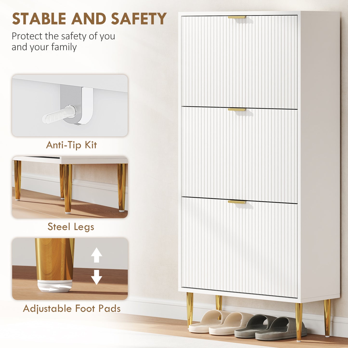 HOMCOM Elegant Three Drawer White Shoe Cabinet With Ridged Doors And Gold Accents