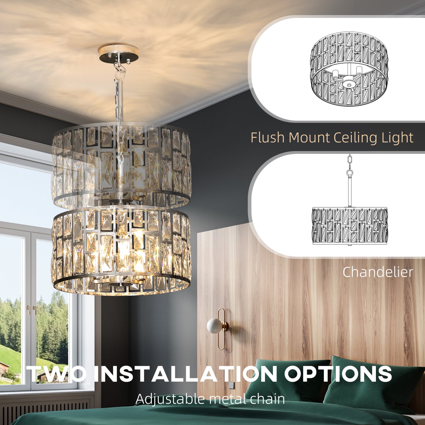 HOMCOM 72 Glass Crystallite Chandelier in Silver Tone for Ceiling Mount and Hanging Pendant With Three Bulbs