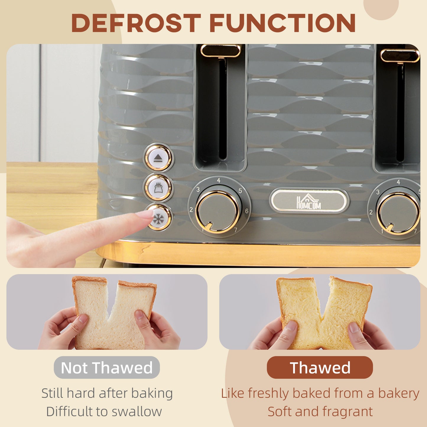 HOMCOM Four-Slice Rippled Toaster Grey With Seven Browning Levels And Auto Centring